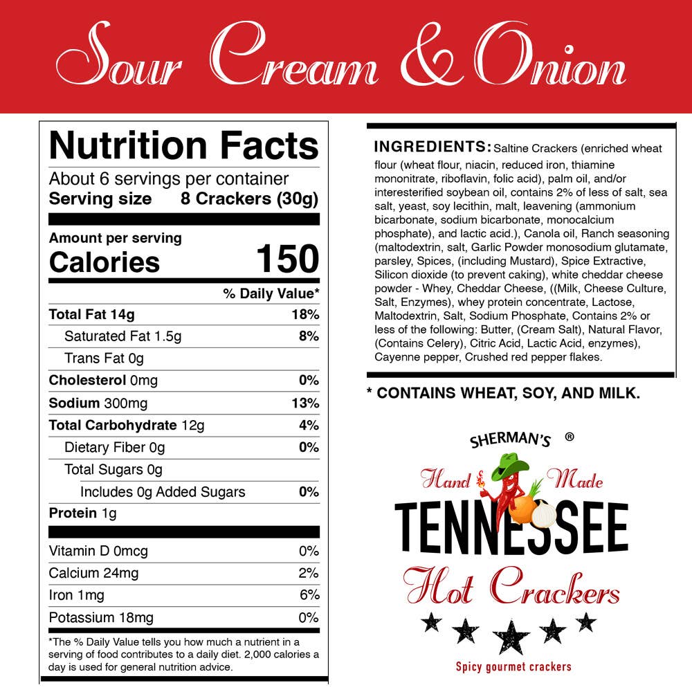 Sherman's Tennessee Hot Crackers - Wholesale Crackers - Sherman's Tennessee Hot Crackers, Sour Cream & Onion Flavor 8