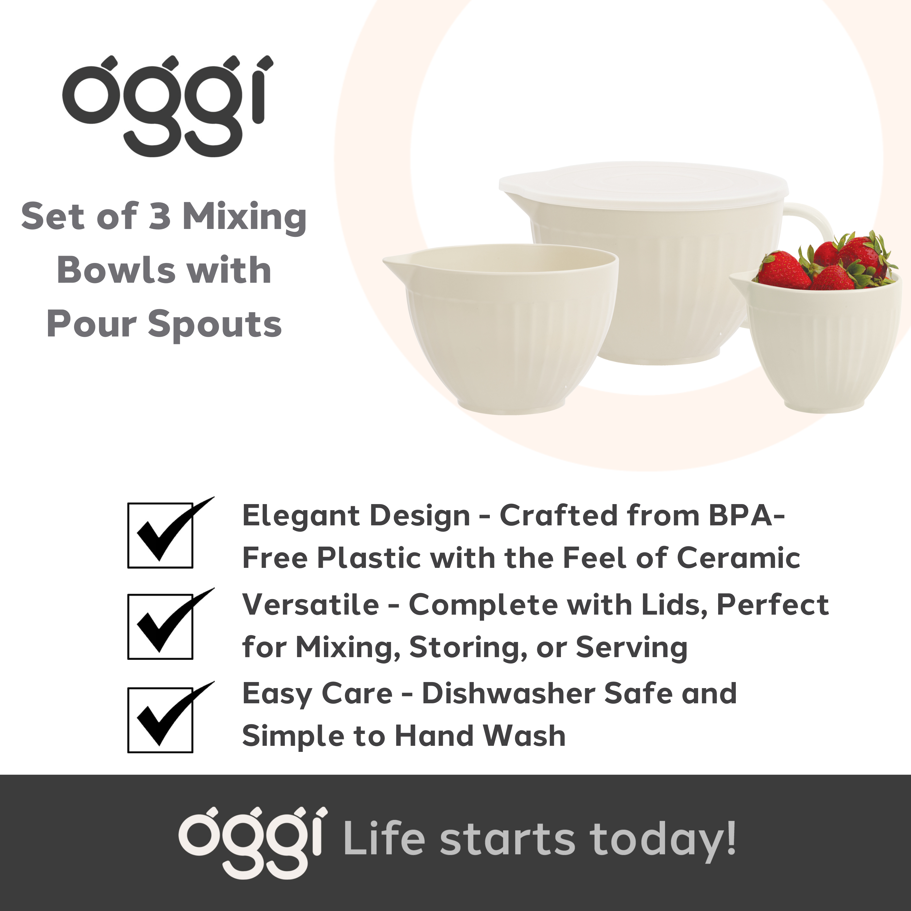 Oggi - Vente Bol mélangeur - Ensemble de 3 bols à mélanger avec bec verseur - 0,5, 1, 2 Qt5