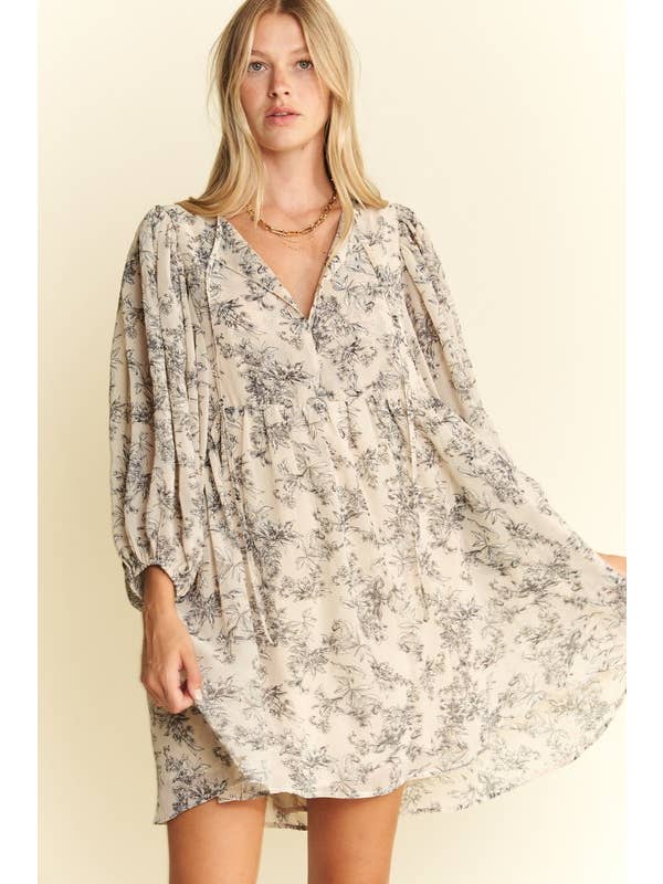 JADE BY JANE - Wholesale Dress - Women's - LINED 3/4 SLEEVE FLORAL CHIFFON BABYDOLL SHORT DRESS