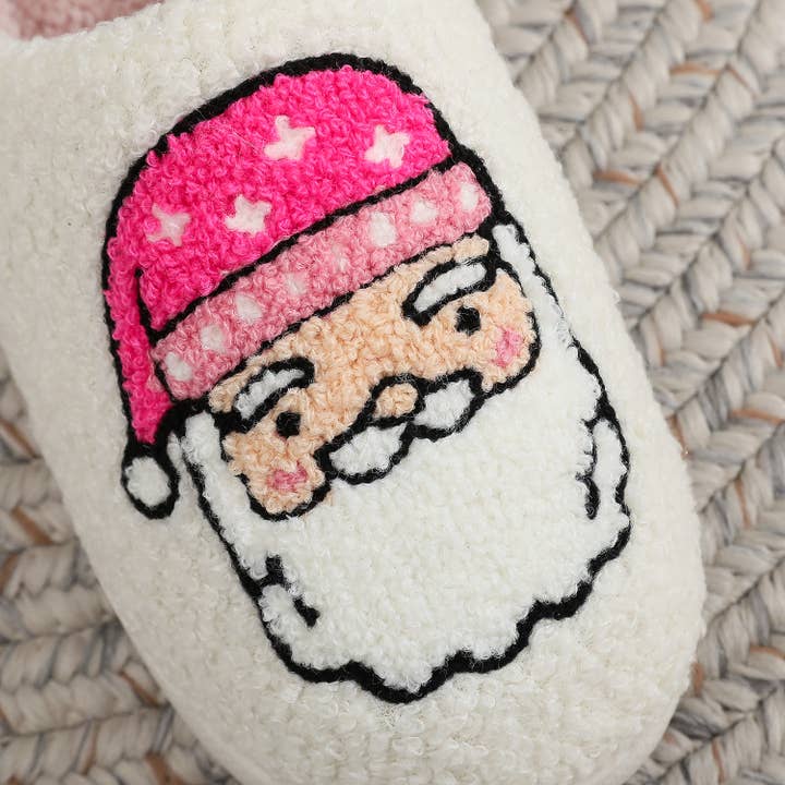 White Holiday Christmas Pink Santa Claus Plush Home Slippers for wholesale on Faire