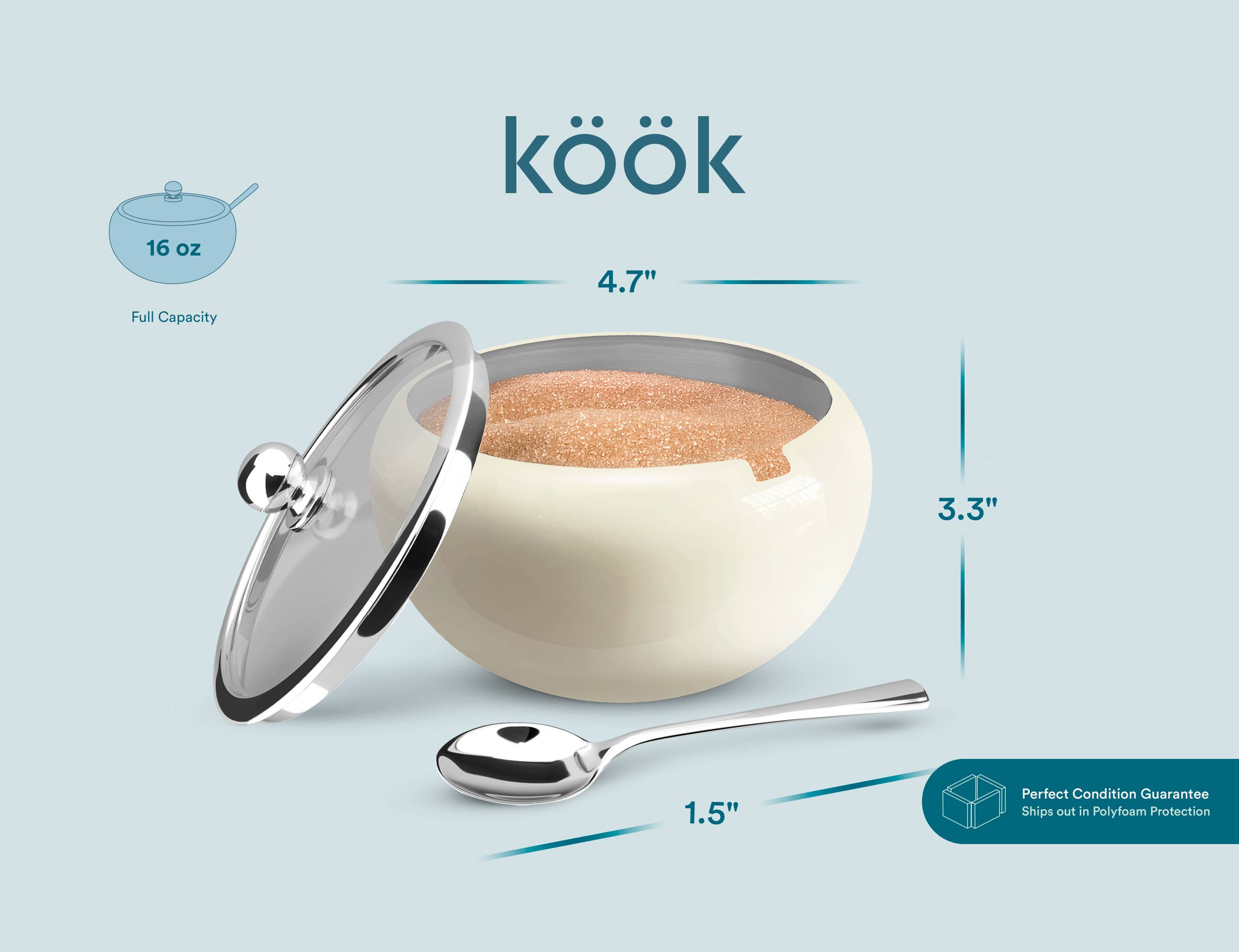 Kook - Wholesale Bowl - Kook Large Stainless Steel Sugar Bowl, Lid & Spoon, 16 oz15