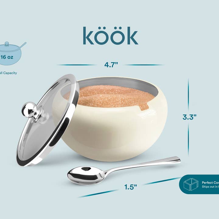 Kook - Wholesale Bowl - Kook Large Stainless Steel Sugar Bowl, Lid & Spoon, 16 oz15