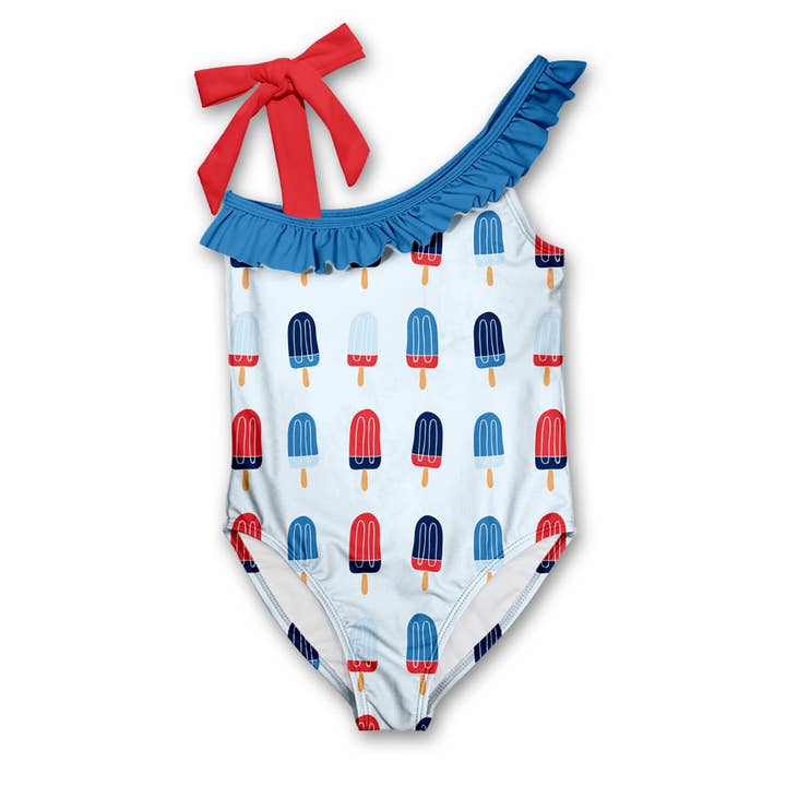 Girls Pale Blue Popsicle Bow-Accent One-Piece Swimsuit for wholesale by Millie Loves Lily