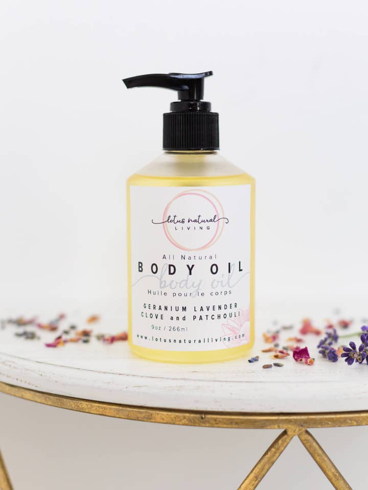 Huile corporelle entièrement naturelle pour la vente par Lotus Natural Living