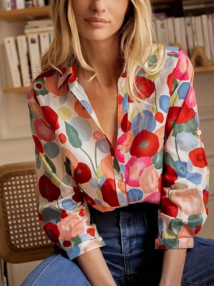 Chic Vibrant Floral Print Button Down Blouse for wholesale on Faire