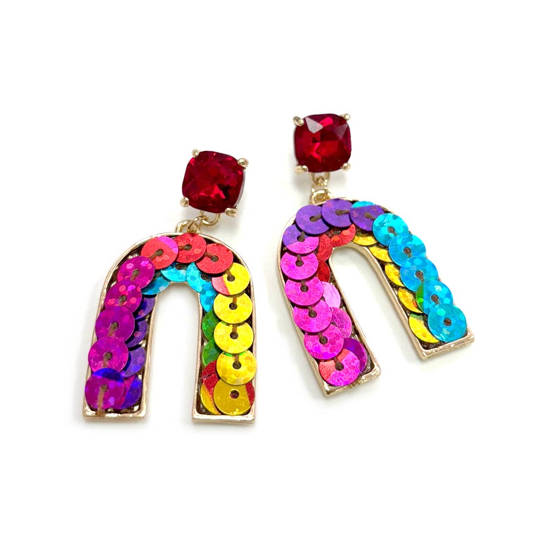 StarryNYC - Wholesale Dangle Earrings - Cushion Cut Stone Post with Arch Sequin Dangle Earrings6