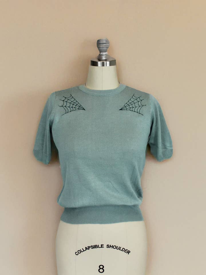 Pastel Sage Spiderweb Sweater Top | Vintage Spooky Knit for wholesale by Hemet