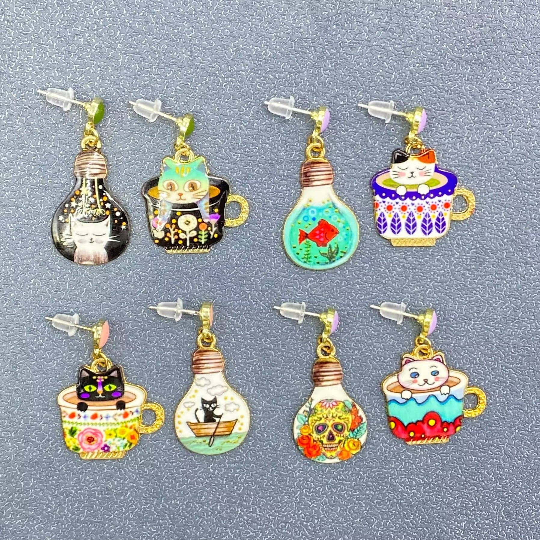 Mio Queena - Wholesale Dangle Earrings - Light Bulb & Cat Asymmetric Dangle Earrings - YK1