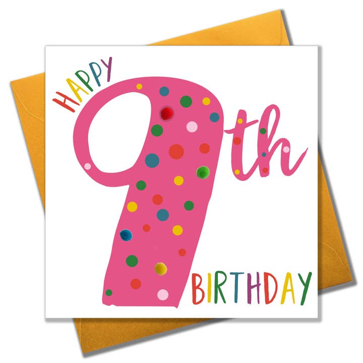 Biglietto di auguri, 9 anni, rosa, Happy 9th Birthday, impreziosito da pompon per la vendita all'ingrosso da parte di Claire Giles Ltd