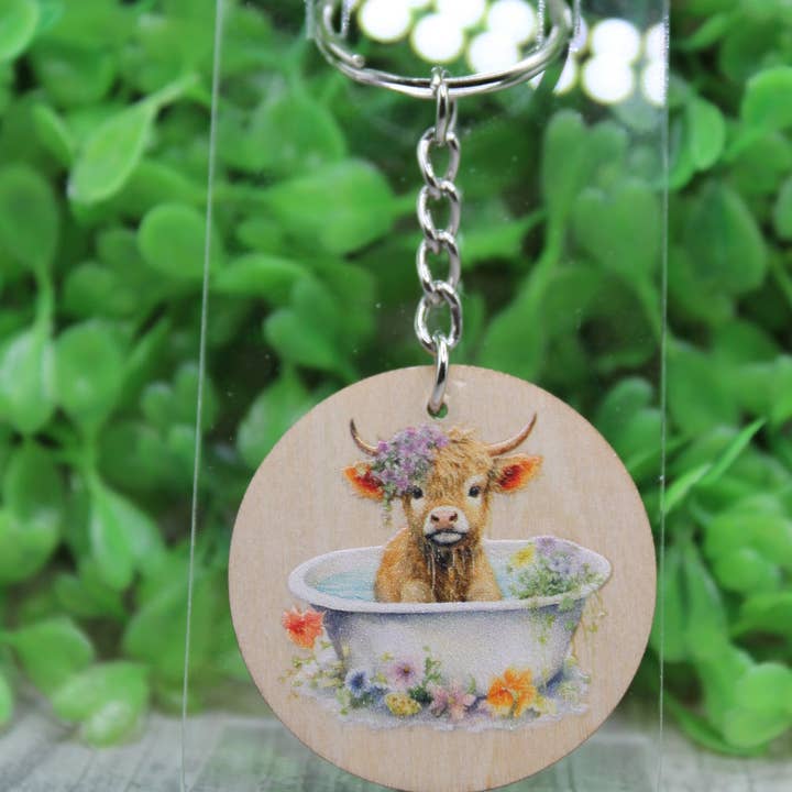 Floral Highland Cow in Bath Wooden Keychain for wholesale by Hylidae Boutique