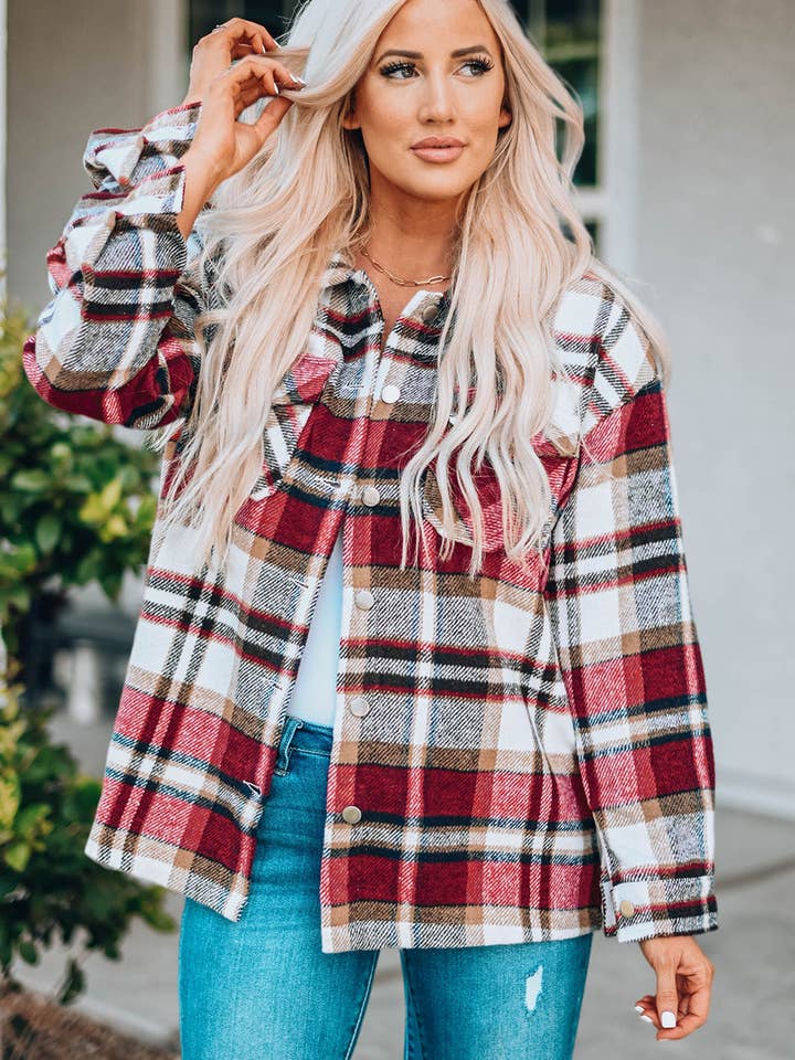 Eldröd geometrisk rutig tryckt skjortjacka med fickor för wholesale av Shoppe247