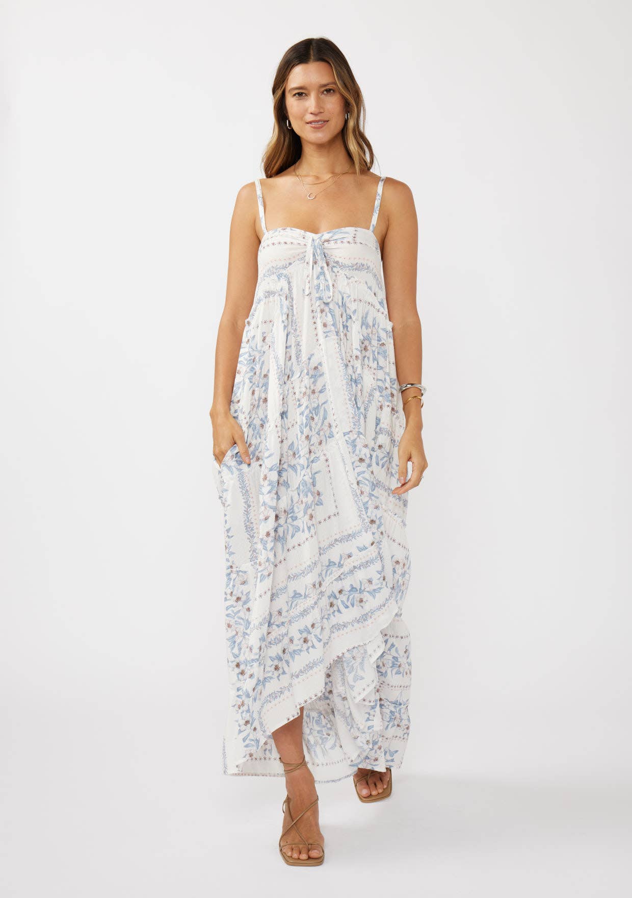 Creamy Dusty Blue Hi-Lo Spaghetti Strap Patchwork Ruffle Maxi Dress for wholesale on Faire4