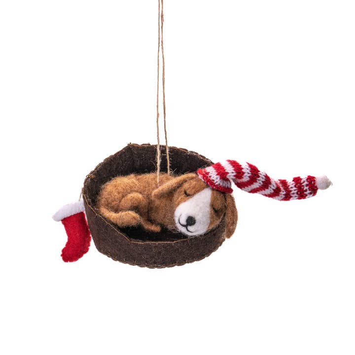 Dog in a Basket Felt Decoration for wholesale by Sass & Belle Europe
