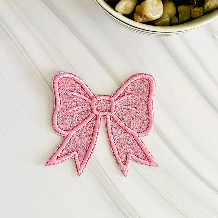 Glitter bow embroidered hat patch for wholesale by R & R Stitched