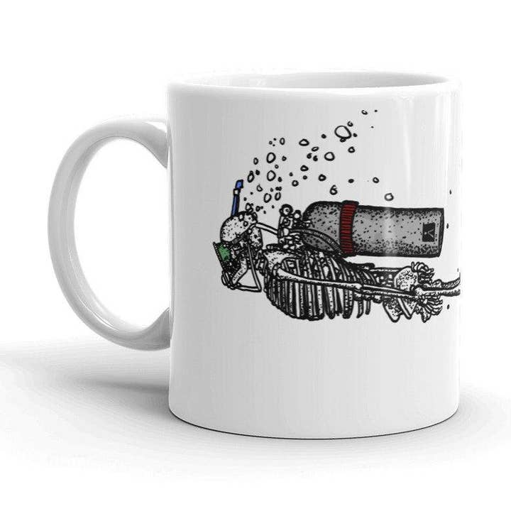 Coffee Mug With Pen & Ink Drawing Of A Skeleton Scuba Diving for wholesale by Bellavance Ink