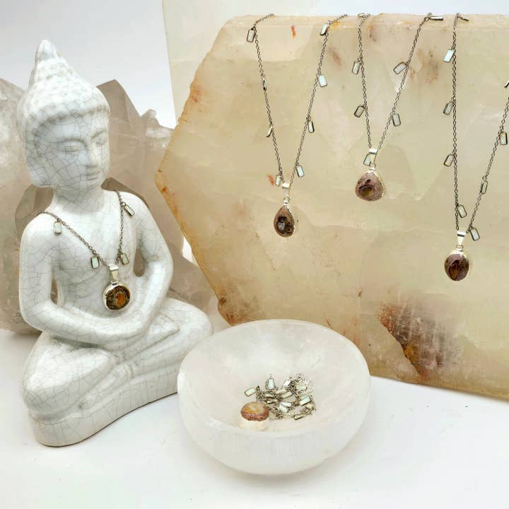 Rock Paradise - Wholesale Pendant/Charm Necklace - Mexican Fire Opal and Opalite Sterling Silver Crystal Necklace - Handmade1