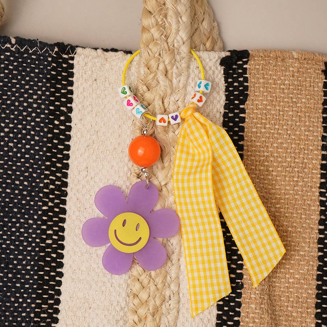 Fashion City – Porta-chaves - Mulher por atacado – Bolsa de Chaveiro Happy Face Flower xadrez com Arco Charme3