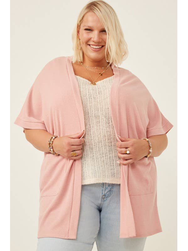 Plus Waffle Knit Short Sleeve Open Cardigan for wholesale by MintChoco