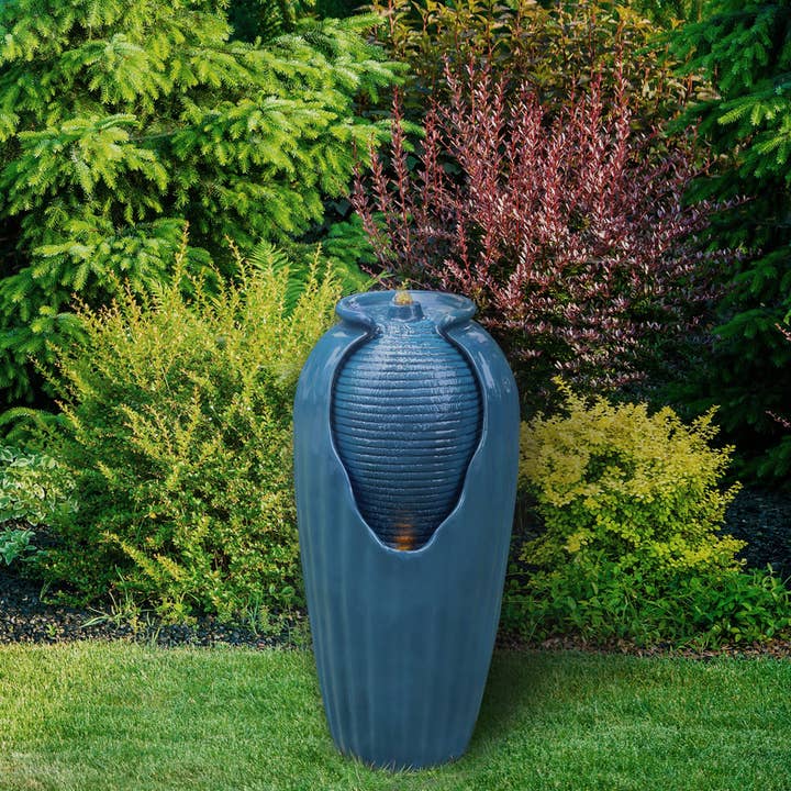 Contemporary Vase Water Fountain with LED Lights, Blue for wholesale on Faire