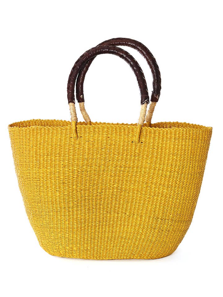 Sunny Yellow Tote Basket with Chocolate Brown Leather Handles for wholesale by African Modern