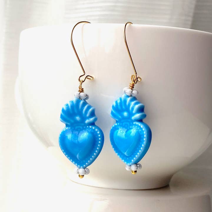 Red Truck Designs - Wholesale Dangle Earrings - Heart Earrings Blue Ceramic Sacred Heart Turquoise Southwest