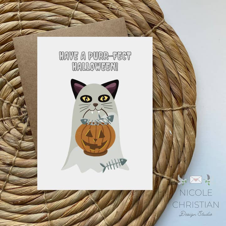 Nicole Christian - Illustration - Wholesale Halloween Card - Have a purr fect Halloween - Funny Halloween Ghost Card
