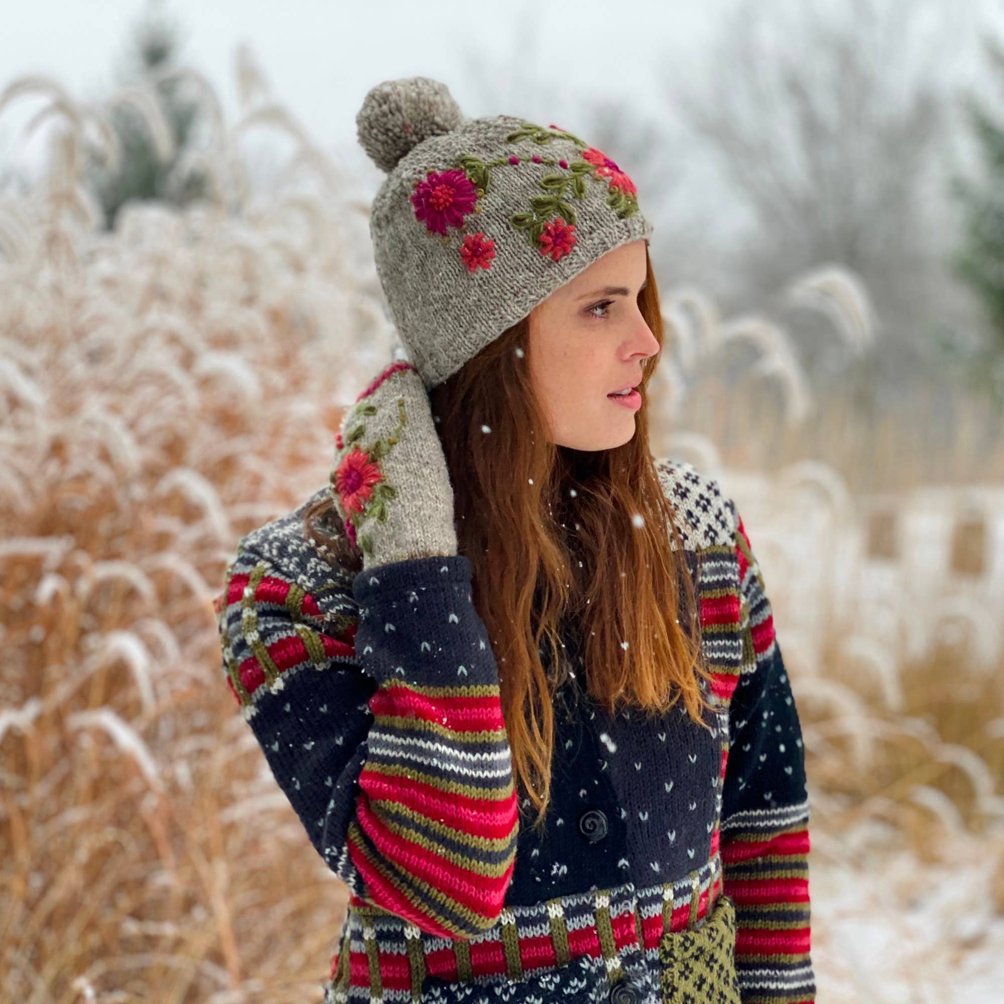 Lost Horizons Knitwear – Ships from USA - Wholesale Beanie - Women's - Olivia Hand-Embroidered Wool Hat with Pom3