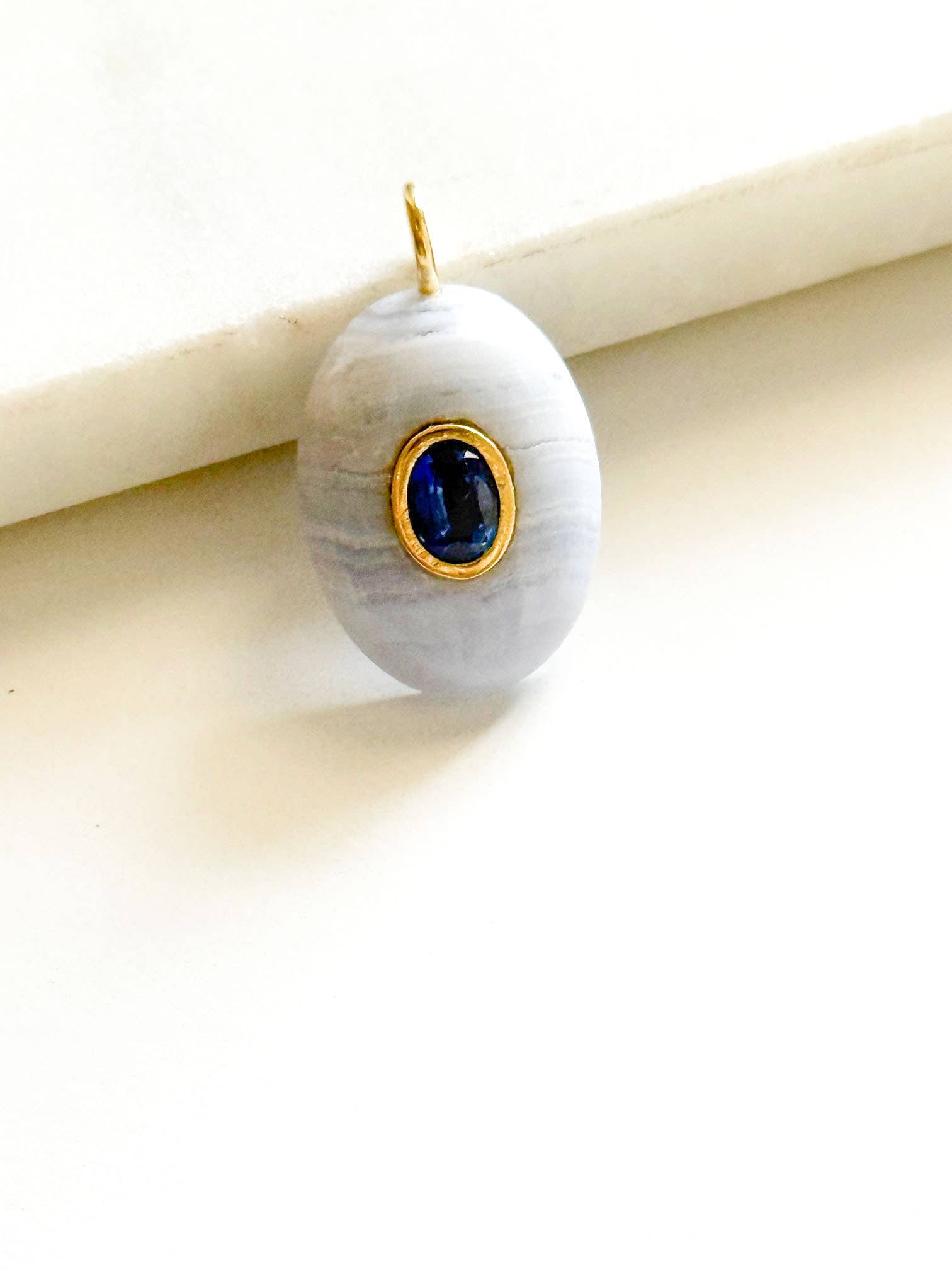 Natnat Creations - Wholesale Individual Charm/Pendant - Handcarved Blue Lace Agate/Bezel Kyanite Inlay Pendant