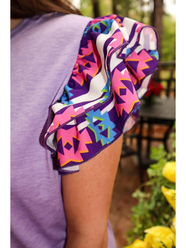 Purple MK346 Arklatex Ruffle Sleeve Tee Dress - Purple/Multi Aztec for wholesale on Faire