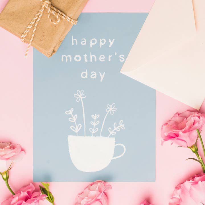 Mother's Day Teacup Blue Illustrated Greeting Card for wholesale by Evesdrop Designs