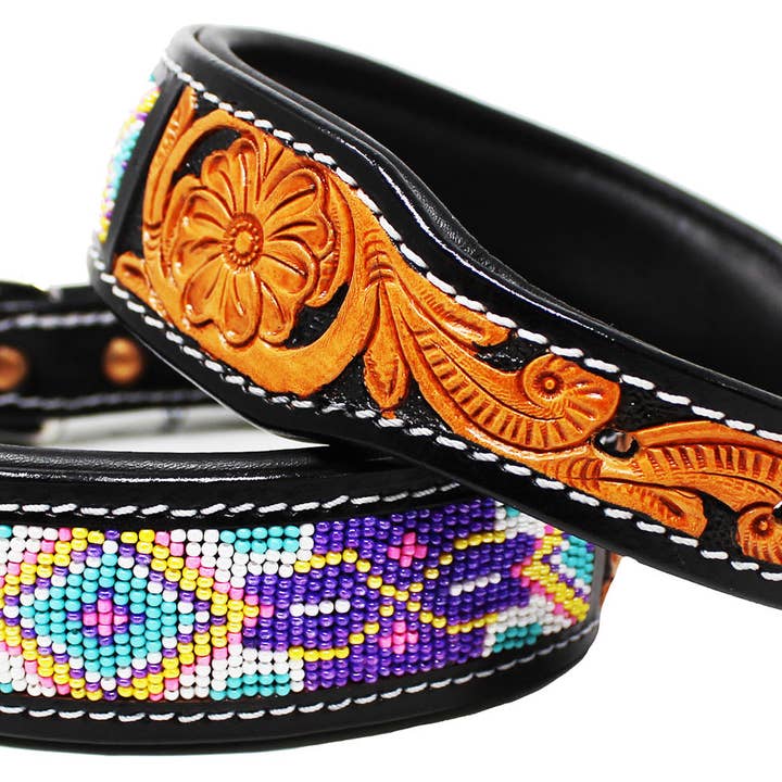 Padded Leather Dog Collar Beaded Floral Hand Tooled 60169 for wholesale by Challenger