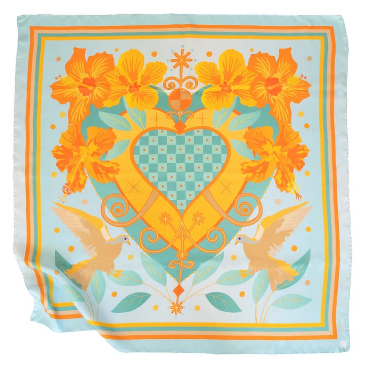 ZILEM - Vendita all'ingrosso Sciarpa - Donna - Lussuosa sciarpa quadrata turchese e arancione in twill di seta | Sciarpe artistiche originali di ispirazione haitiana di una piccola impresa | Azuei Mint Dream3