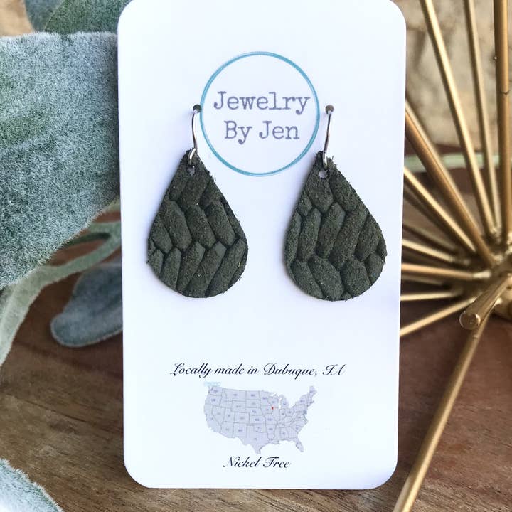 Small Teardrop Earrings: Olive Braided for wholesale by Jewelry By Jen