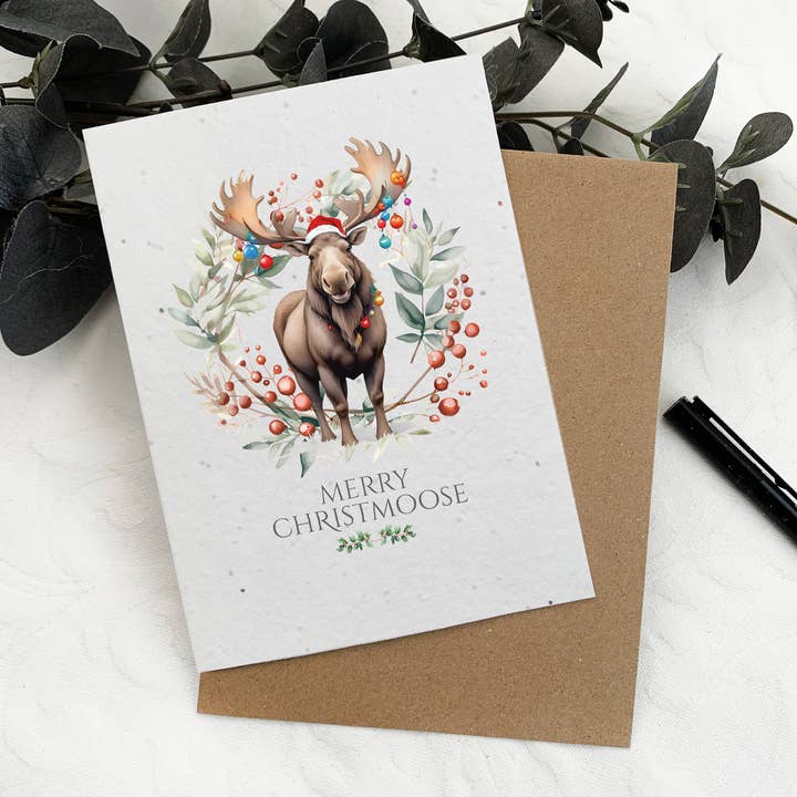 Merry Christmoose Christmas card - plantable wildflower seed for wholesale by Wild Bloom Press