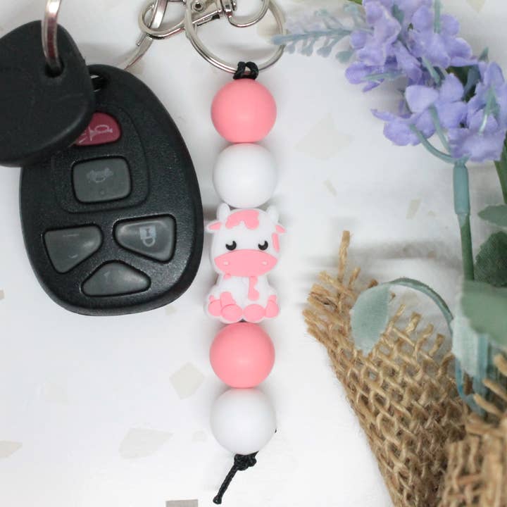 Strawberry Cow Silicone Beaded Keychain for wholesale by Kaysticks.co