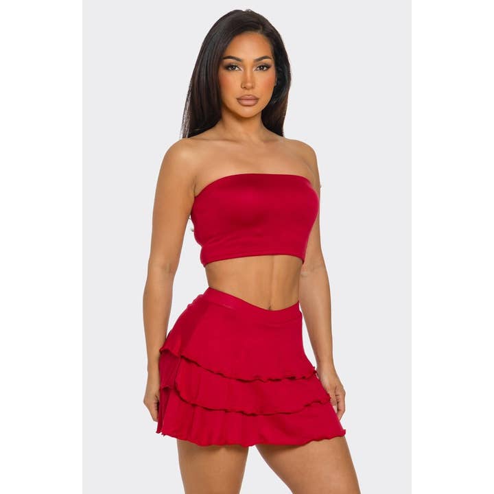 Conjunto de tops de tubo y faldas cortas con volantes elásticos para venta al por mayor de SEXY STAR DESIGN INC