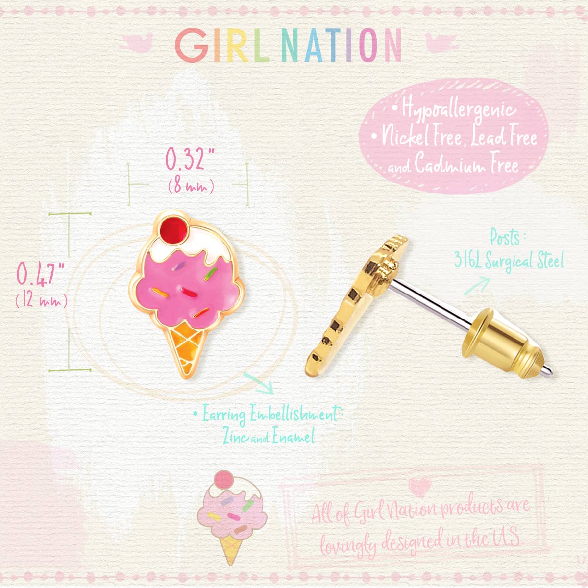 Girl Nation - Venta al por mayor Pendientes - Niños - Sueño de Helado | Pendientes Monos | Hipoalergénicos6