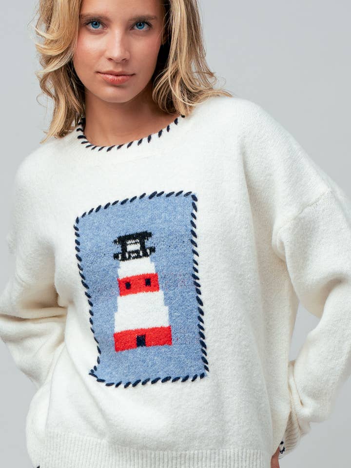 Whipstitch Trim Lighthouse Knit Sweater for wholesale by Urban Daizy