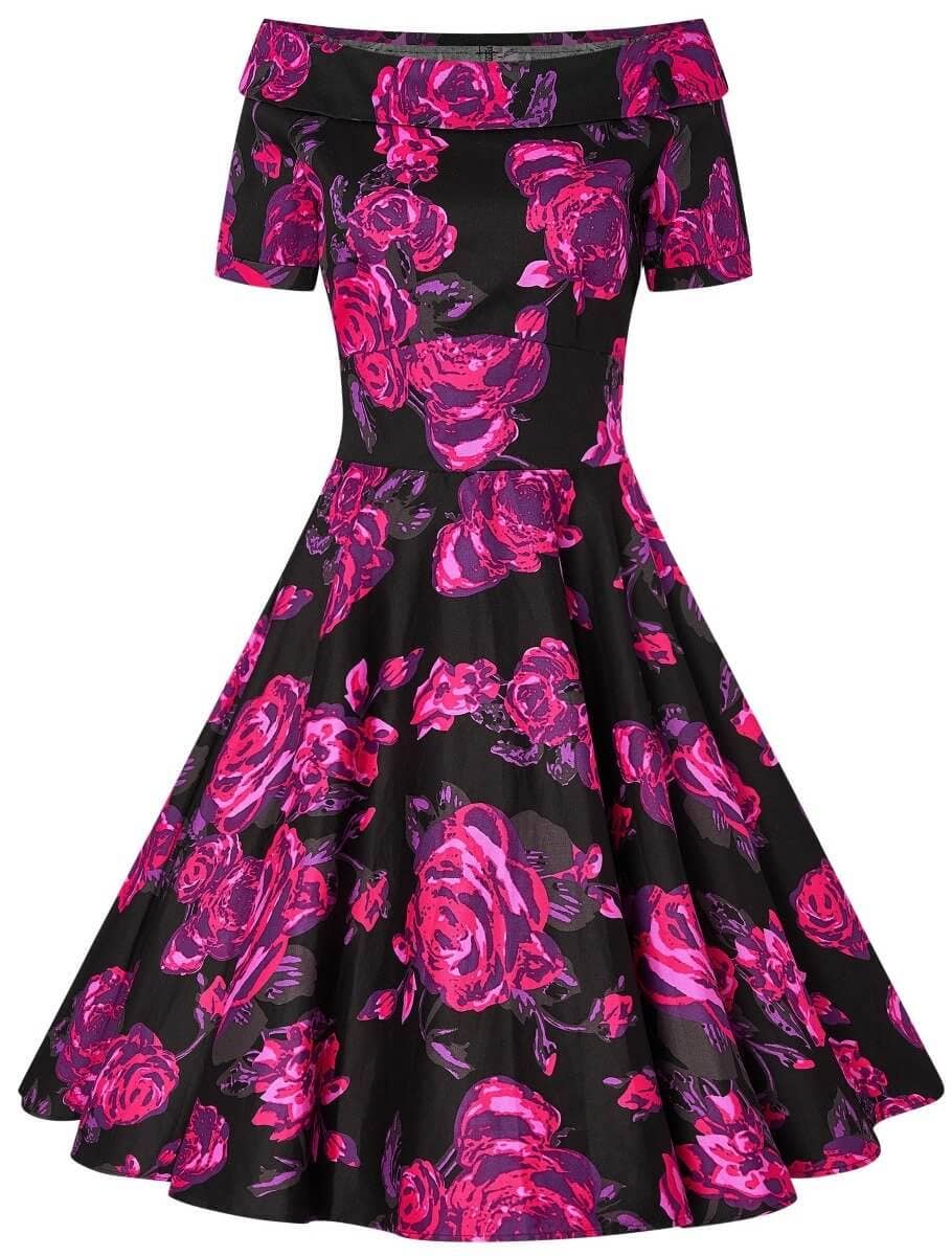 Dolly & Dotty - Wholesale Dress - Women's - Darlene Retro Black-Pink Roses Swing Dress3