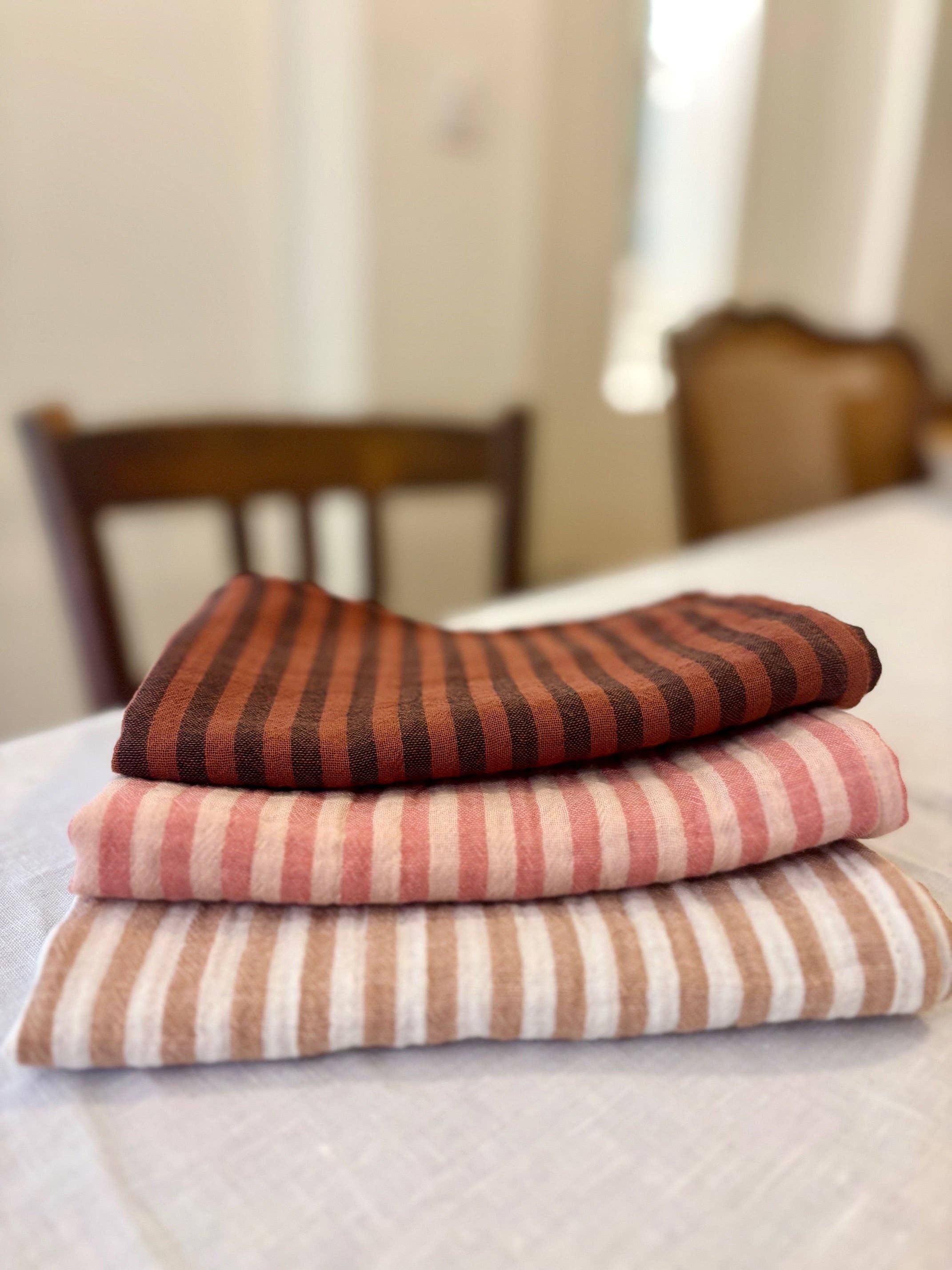 CHARMY - Wholesale Hand Towel - 3 cotton gauze hand towels, made in France, striped toffee, paprika, and caramel1