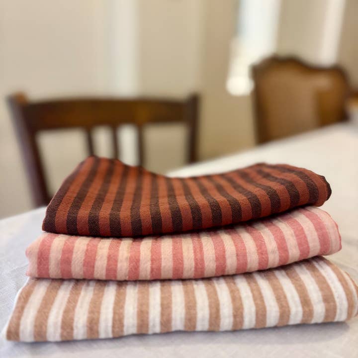 CHARMY - Wholesale Hand Towel - 3 cotton gauze hand towels, made in France, striped toffee, paprika, and caramel1