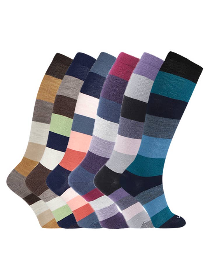 75% Rig Merinould Hverdag Kompressionsstrømper (15-20mmHg) - Farveblok - 6-pak for engroshandel hos Ja-vie