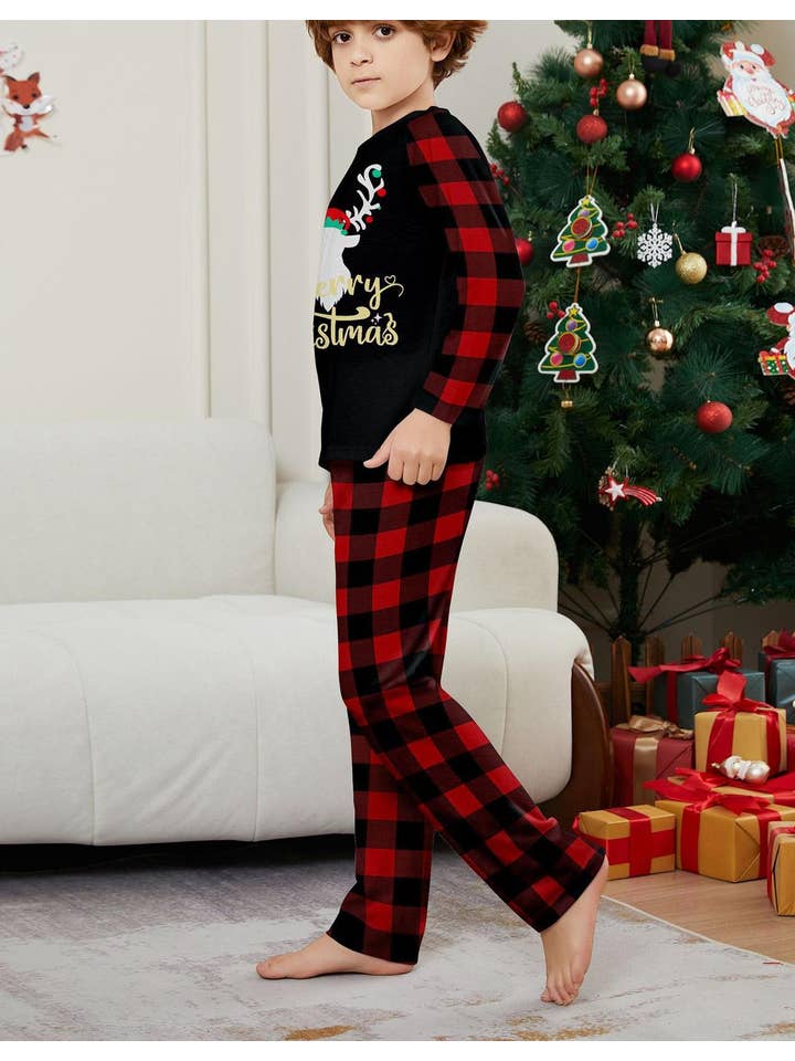 Anna Kaci Wholesale - Wholesale Sleepwear Set - Unisex - Family Christmas Pajama Set with Black Tops Red Plaid Pants8