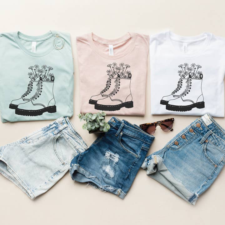 Floral spring boots graphic tee for wholesale by Makayla Grace