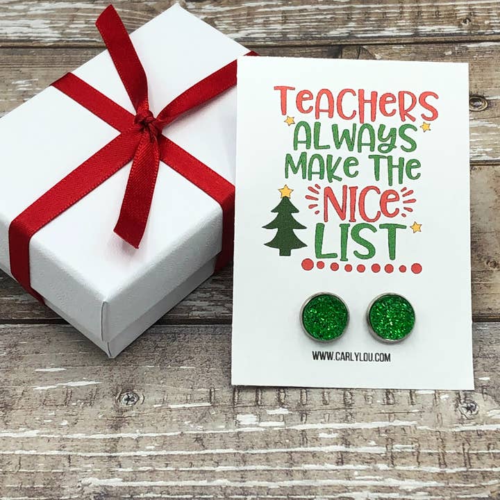 Carly Lou - Wholesale Stud/Post Earrings - Christmas Teacher Earrings Teacher Gift - Nice List No Box