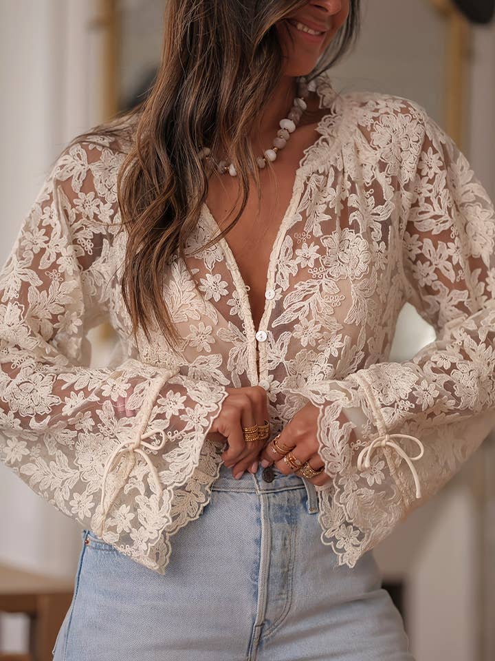 Boho Beige Lace Floral Sheer Blouse for wholesale on Faire
