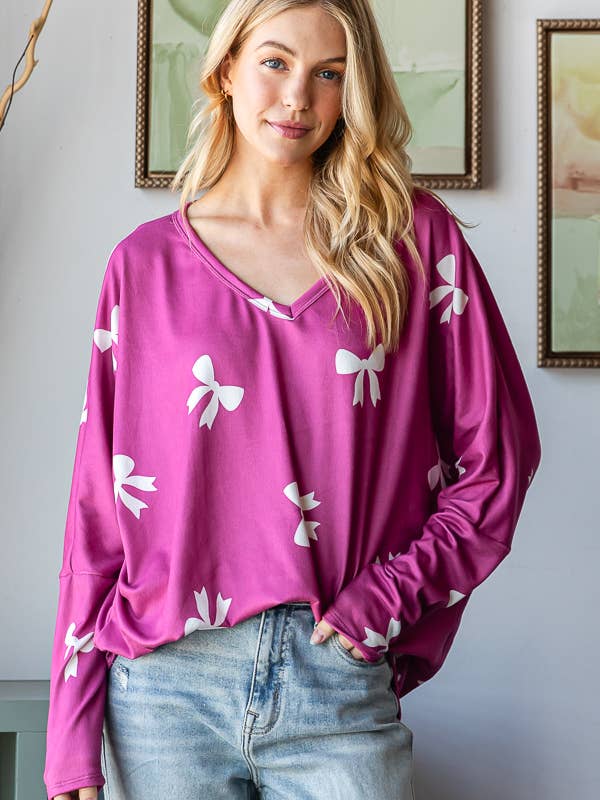 REMOVED BRAND - Wholesale Knit Top - Women's - Fall Bow Print V-Neck Long Sleeve Top in PLUS - HTP12471