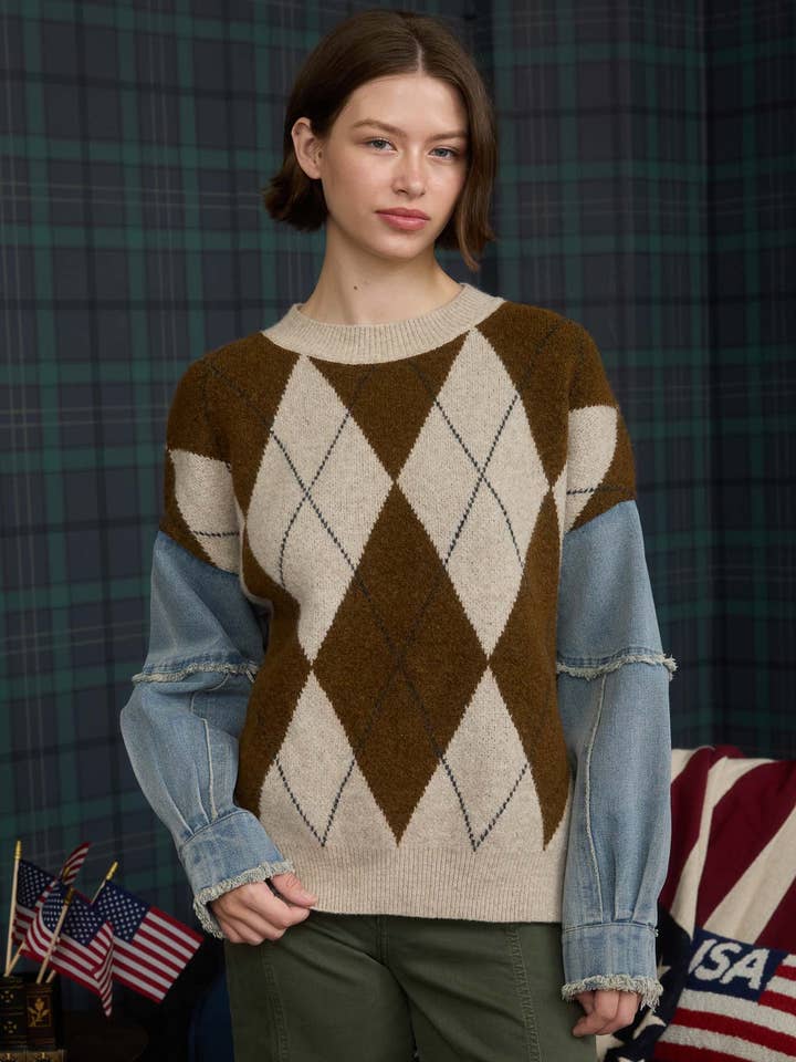 Blu Pepper – Engroshandel Pullover - Dame – ARGYLE STRIKTRØJE MED SLIDTE DENIMÆRMER0