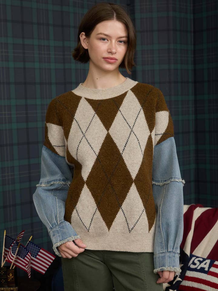 Blu Pepper - Wholesale Knit Sweater - Women's - ARGYLE DISTRESSED DENIM SLEEVE KNIT SWEATER 0
