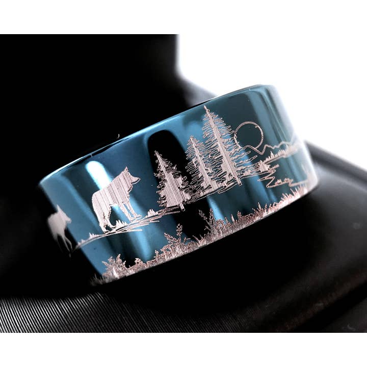 Forest Animals Engraved Blue Wedding Ring for wholesale by rings paradise
